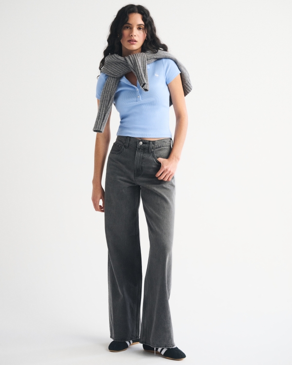 Kurzärmliges Henley-Oberteil aus Rippmaterial mit Symbol, Blau view 2