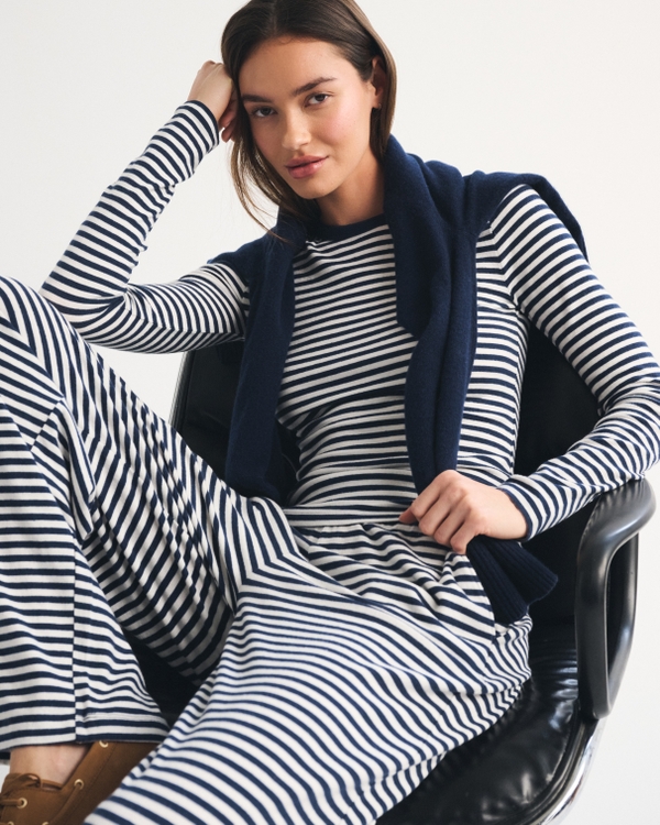 Long-Sleeve Cozy Lounge Knit Tee, Navy Stripe view 1