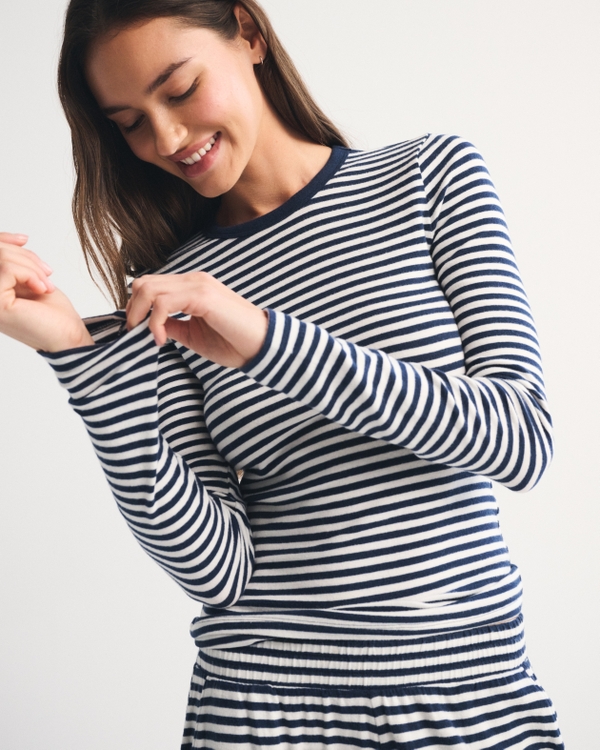 Long-Sleeve Cozy Lounge Knit Tee, Navy Stripe view 2