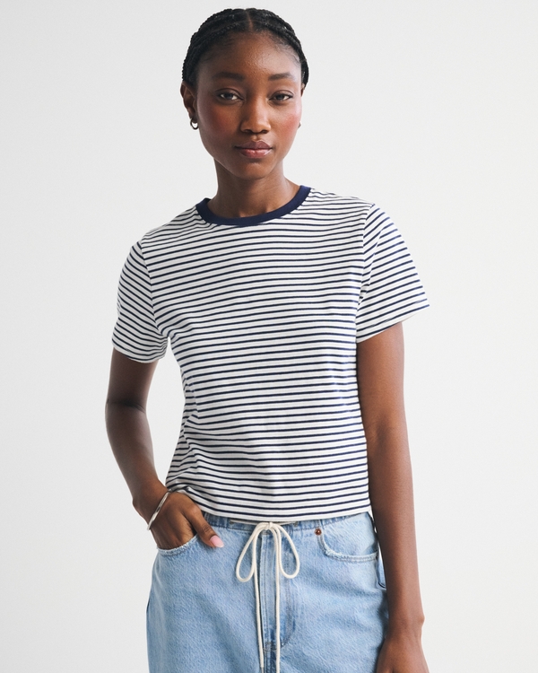Essential Polished Body-Skimming Tee, Navy Stripe view 1