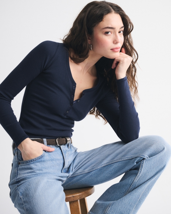 Long-Sleeve Rib Henley, Dark Indigo view 1