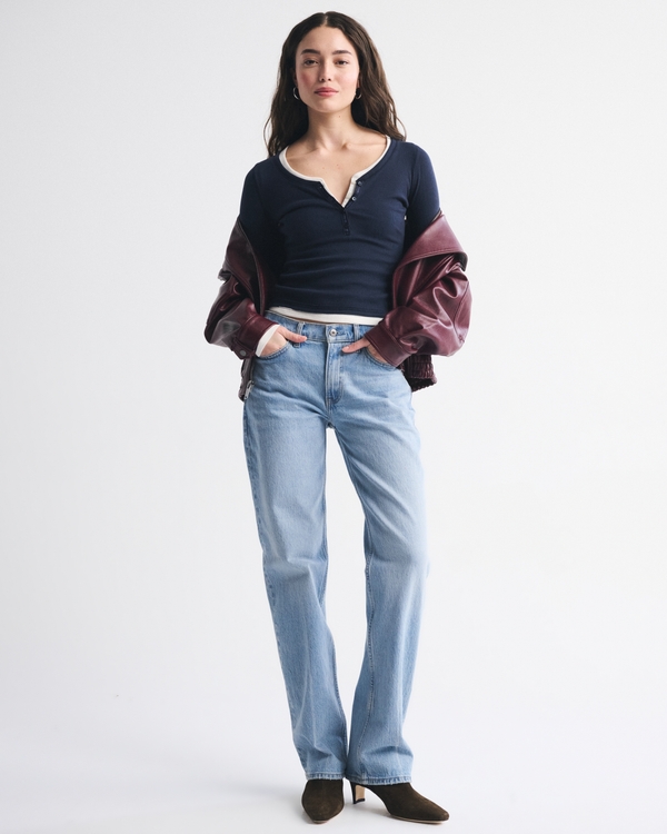 Long-Sleeve Rib Henley, Dark Indigo view 2