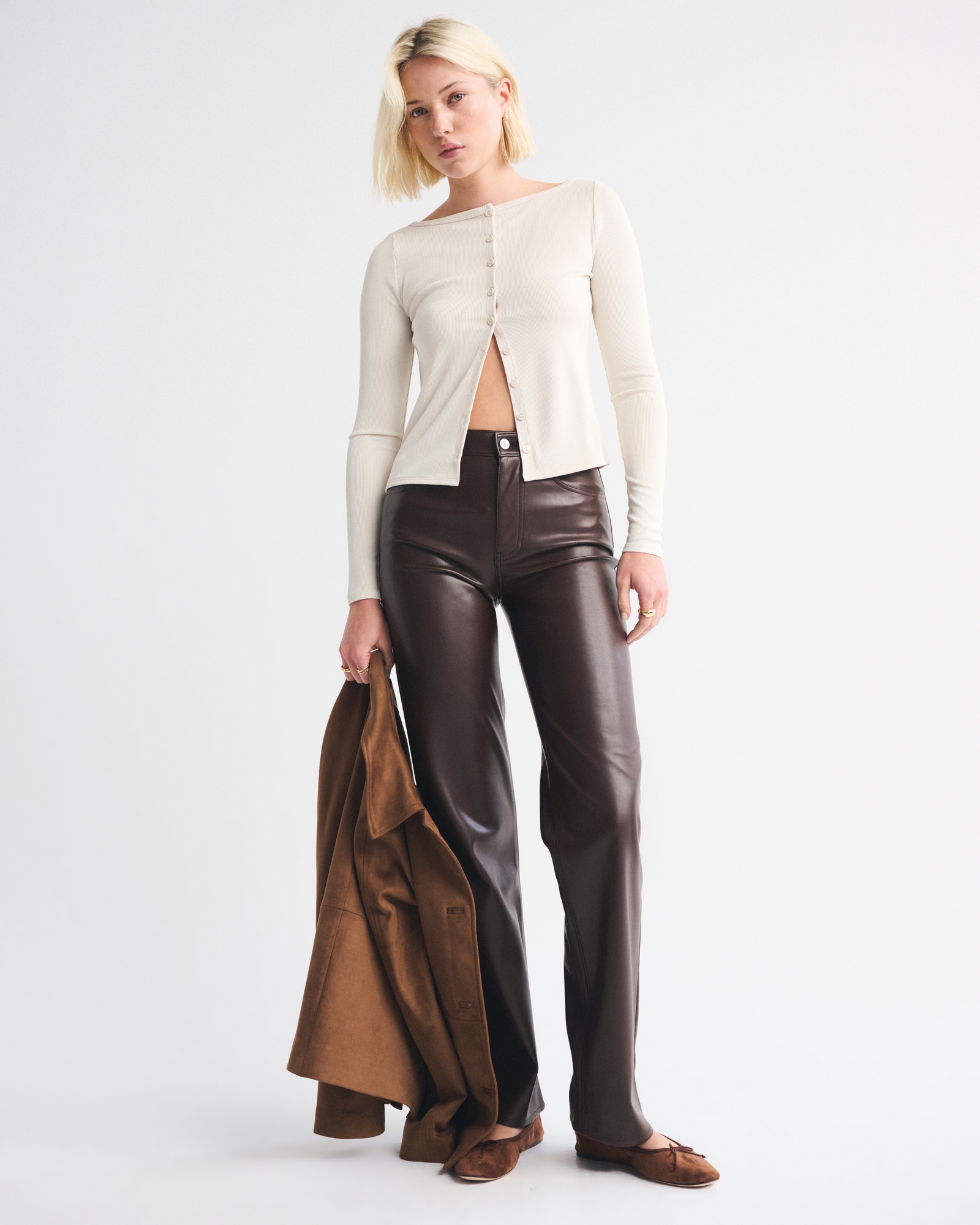 Long-Sleeve Slash Button-Through Top