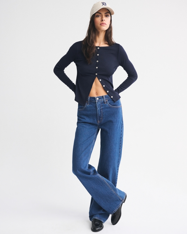Long-Sleeve Slash Button-Through Top, Dark Indigo view 2
