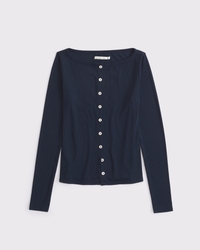Long-Sleeve Slash Button-Through Top