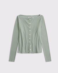 Long-Sleeve Slash Button-Through Top