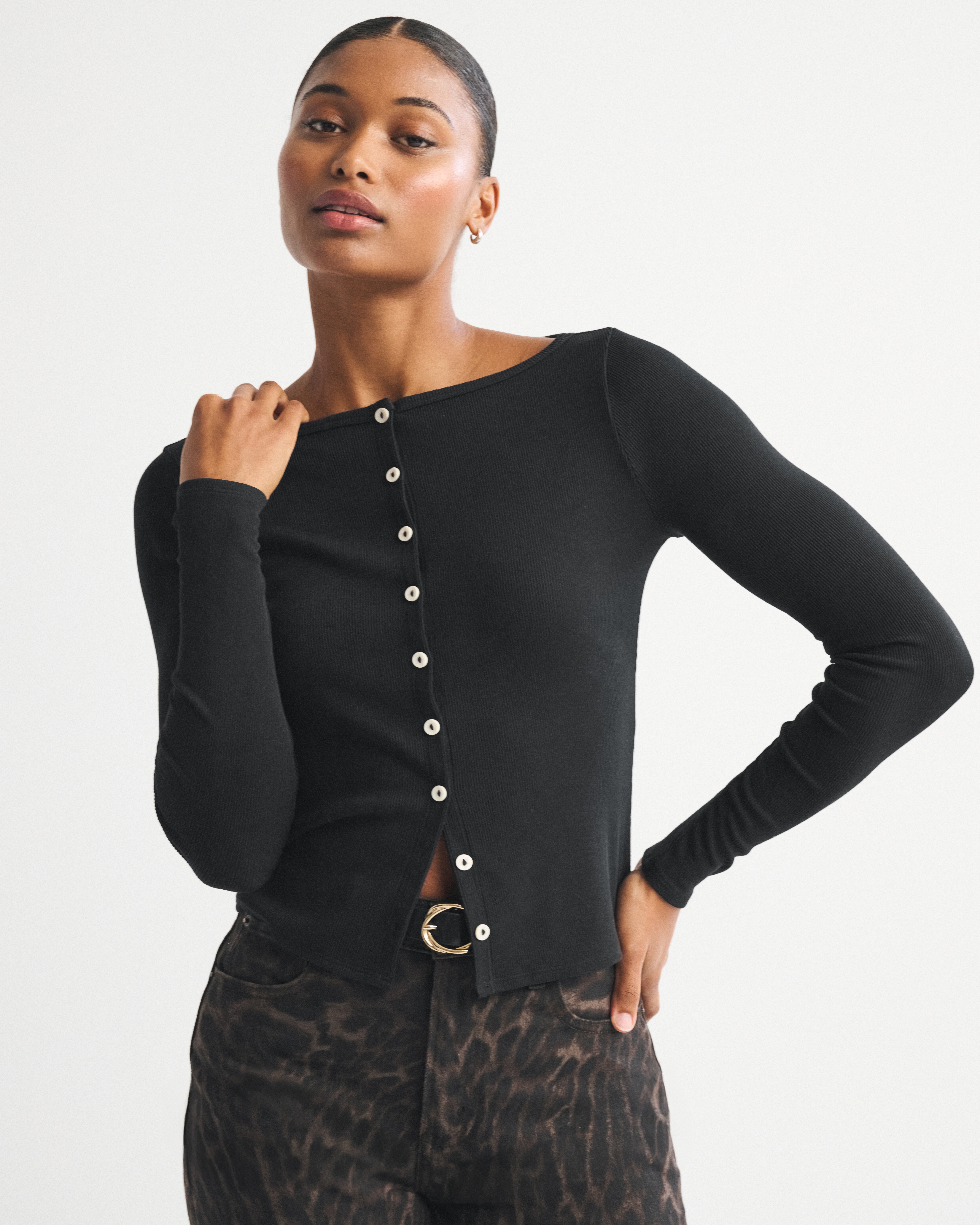 Abercrombie & Fitch Long-sleeve Slash Button-through Top In Black