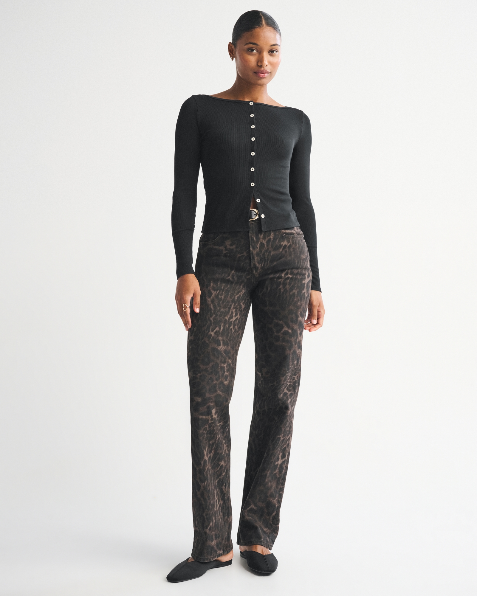 Long-Sleeve Slash Button-Through Top