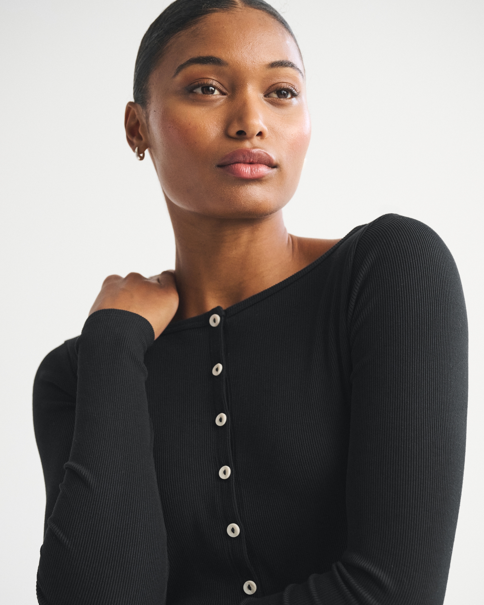 Long-Sleeve Slash Button-Through Top
