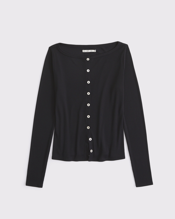 Long-Sleeve Slash Button-Through Top, Black view 1