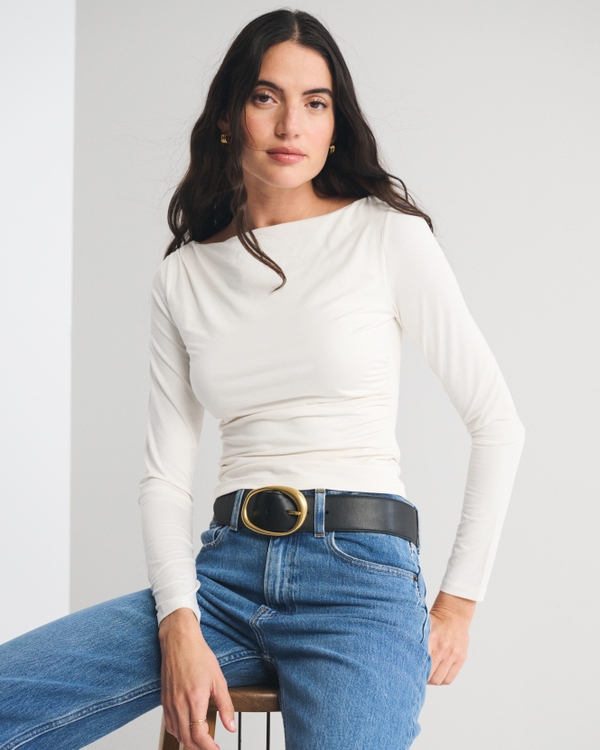 Long-Sleeve Draped Slash Top, Cream view 1