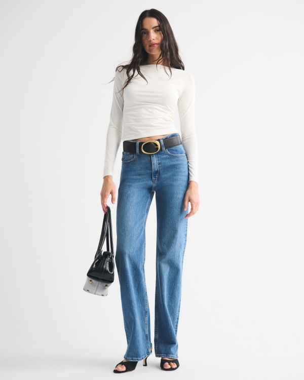 Long-Sleeve Draped Slash Top, Cream view 2