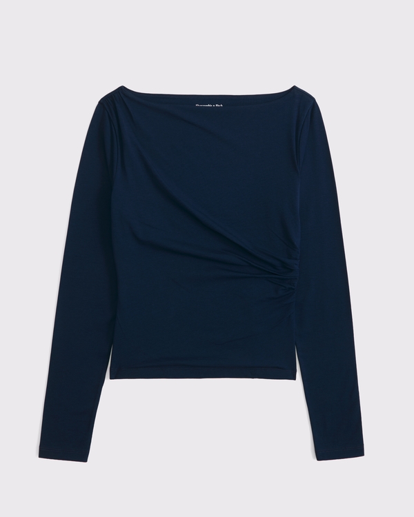 Long-Sleeve Draped Slash Top, Deep Navy view 1