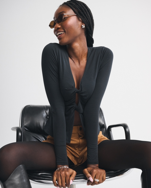 Bra-Free Long-Sleeve Twist Cutout Top, Black view 2