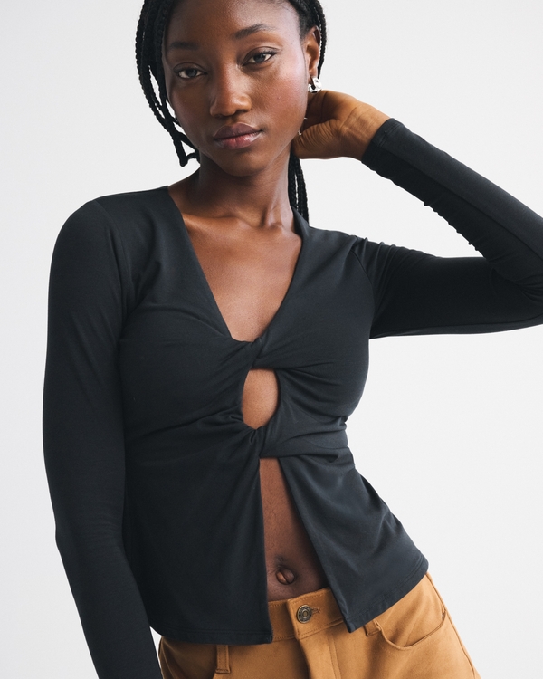 Bra-Free Long-Sleeve Twist Cutout Top, Black view 1