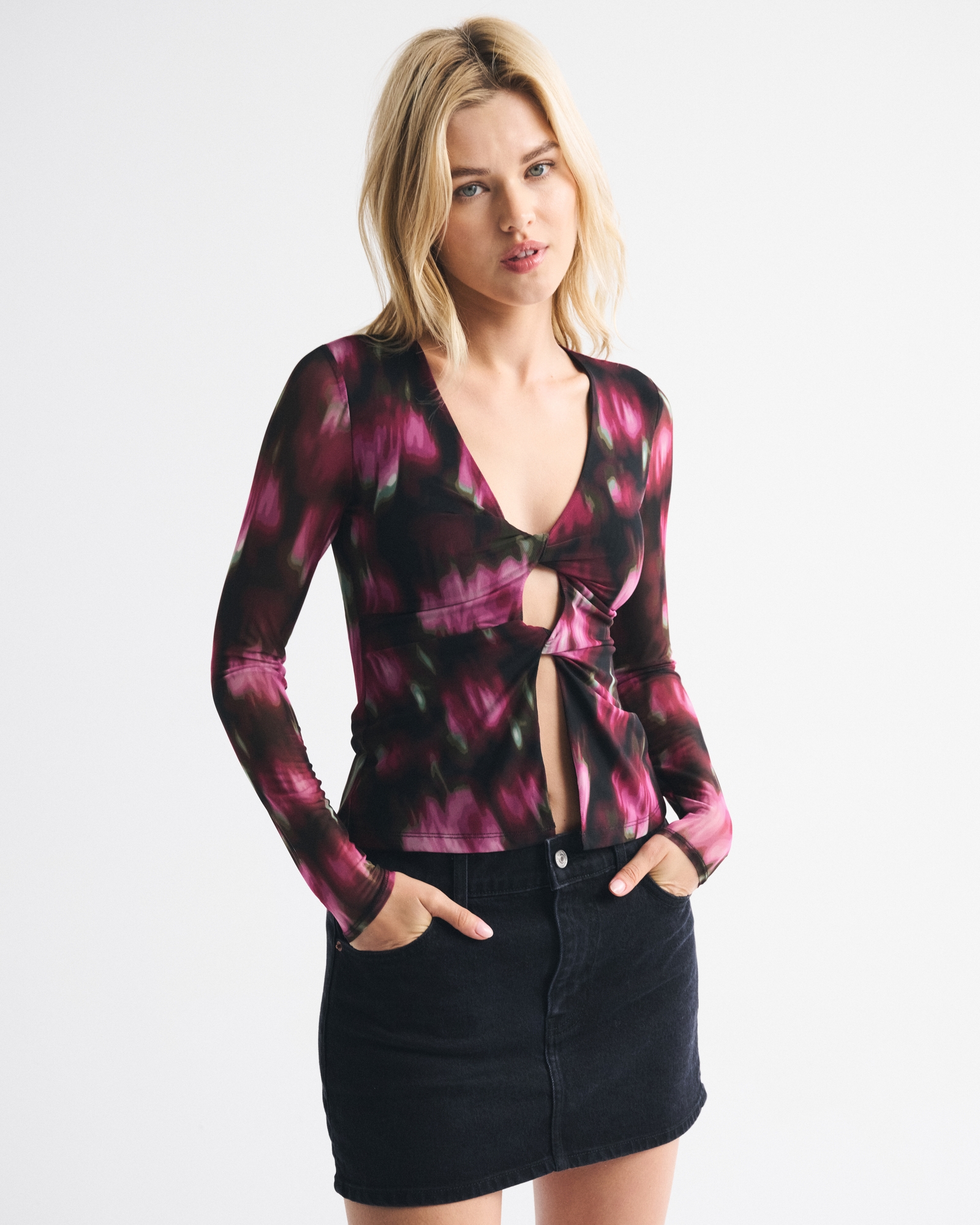 Bra-Free Long-Sleeve Twist Cutout Top