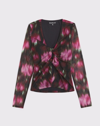 Bra-Free Long-Sleeve Mesh Twist Cutout Top