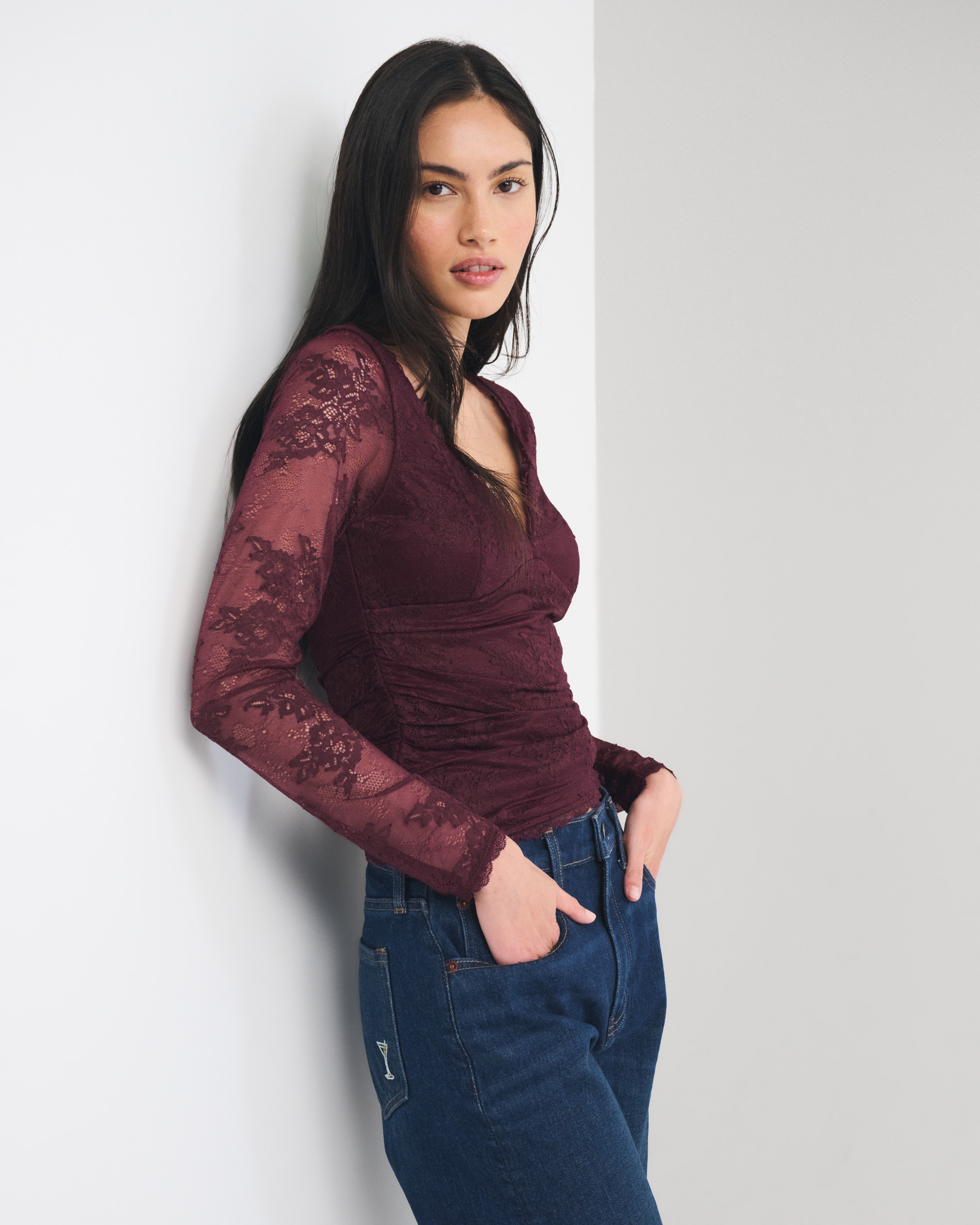 Abercrombie & Fitch A&f Zoe Bra-free Long-sleeve Lace Top In Burgundy