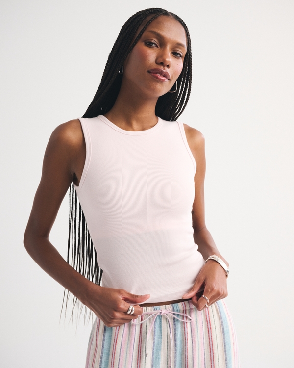 Bra-Free Rib High-Neck Tank, Light Pink view 1