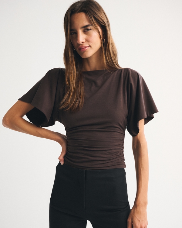 Flutter Sleeve Slash Top, Dark Coffee view 1