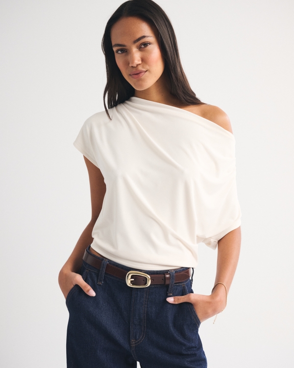 Asymmetrical Draped Cowl Neck Top, Cream view 1