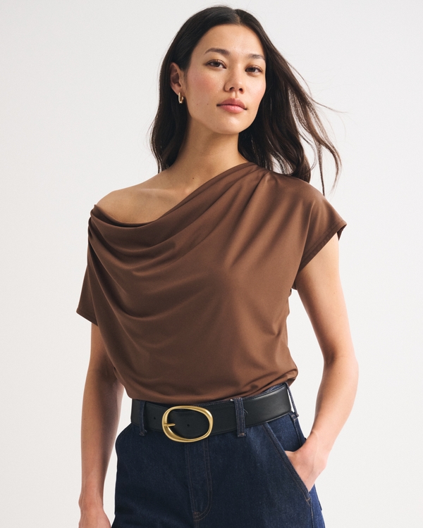 Asymmetrical Draped Cowl Neck Top, Brown view 1