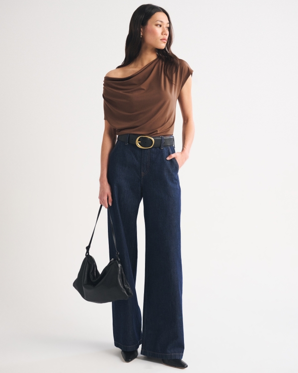 Asymmetrical Draped Cowl Neck Top, Brown view 2