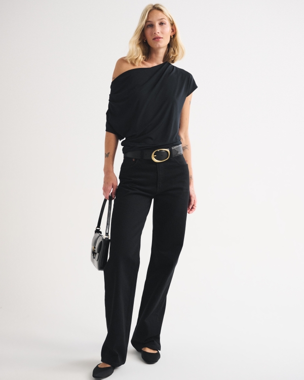 Asymmetrical Draped Cowl Neck Top, Black view 2