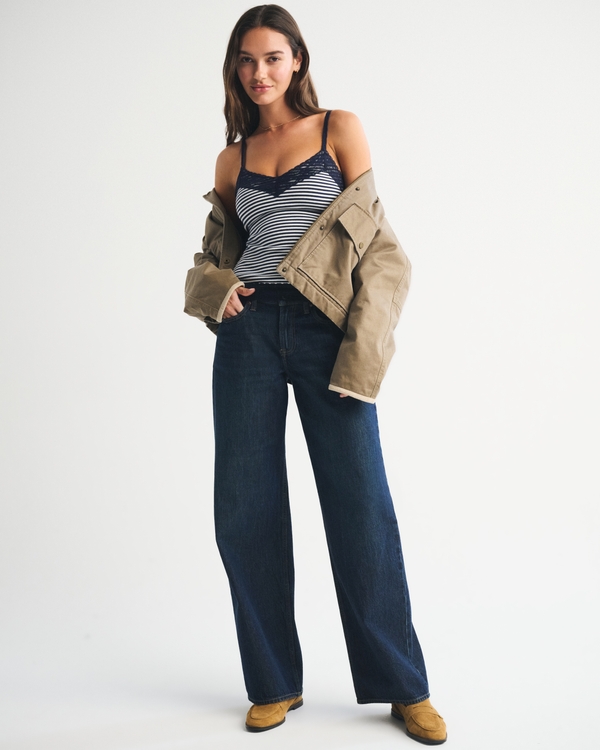 Bra-Free Lace-Trim Rib Cami, Navy Stripe view 2