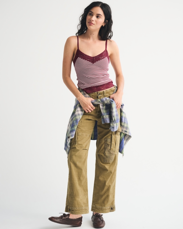 Bra-Free Lace-Trim Rib Cami, Dark Red Stripe view 2