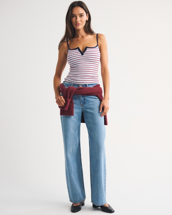 Bra-Free Rib Henley Tank, Light Blue Stripe view 2