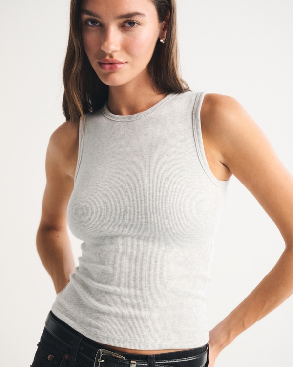 Bra-Free Rib High-Neck Tank, Light Gray view 2