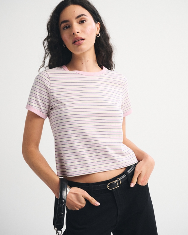 Essential Polished Body-Skimming Tee, Pink Stripe view 1