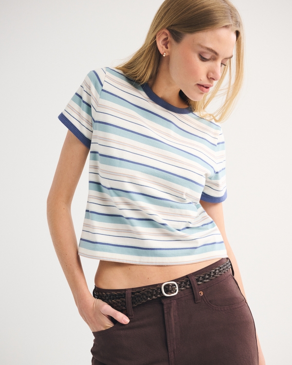 Essential Polished Body-Skimming Tee, Blue Stripe view 1