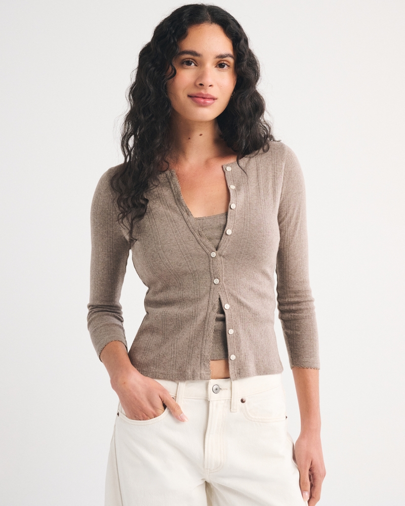 Bra-Free 3/4 Sleeve Pointelle Cardigan Tank Set - thumbnail 7