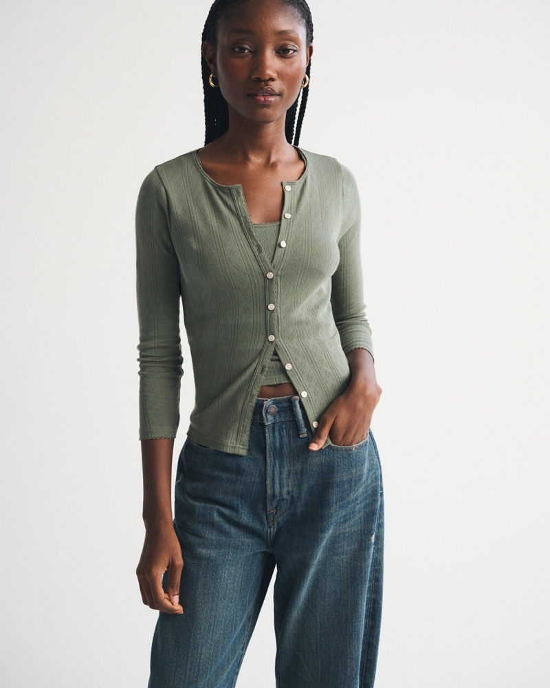 Bra-Free 3/4 Sleeve Pointelle Cardigan Tank Set - thumbnail 2
