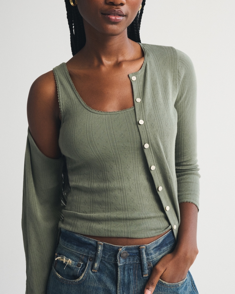 Bra-Free 3/4 Sleeve Pointelle Cardigan Tank Set