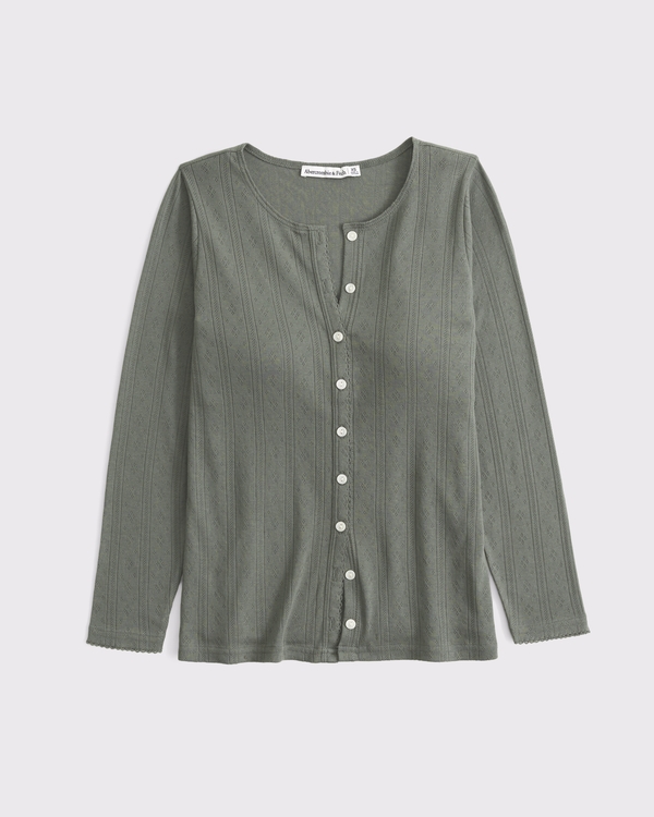 Bra-Free 3/4 Sleeve Pointelle Cardigan Tank Set, Olive Gray view 1