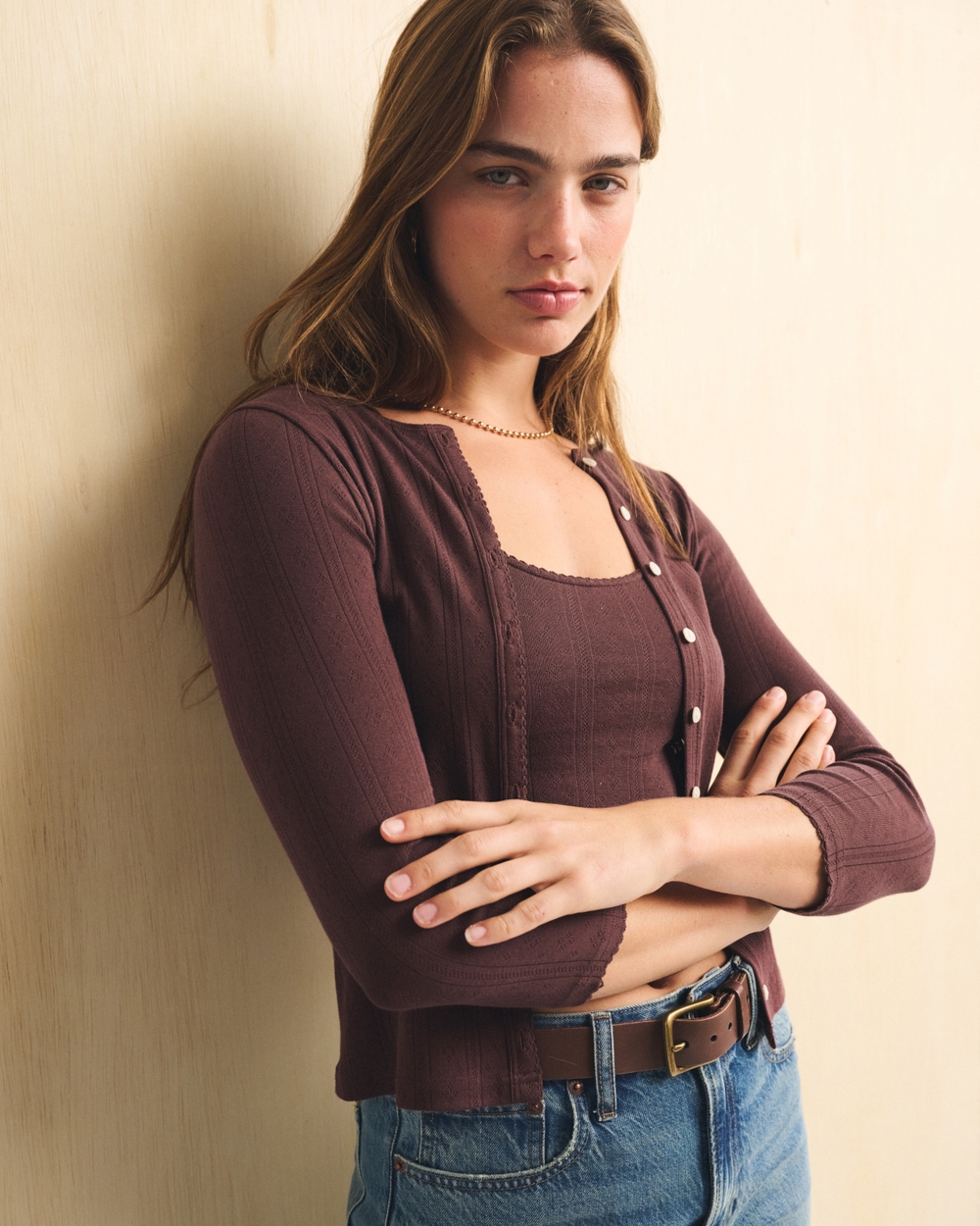 Bra-Free 3/4 Sleeve Pointelle Cardigan Tank Set
