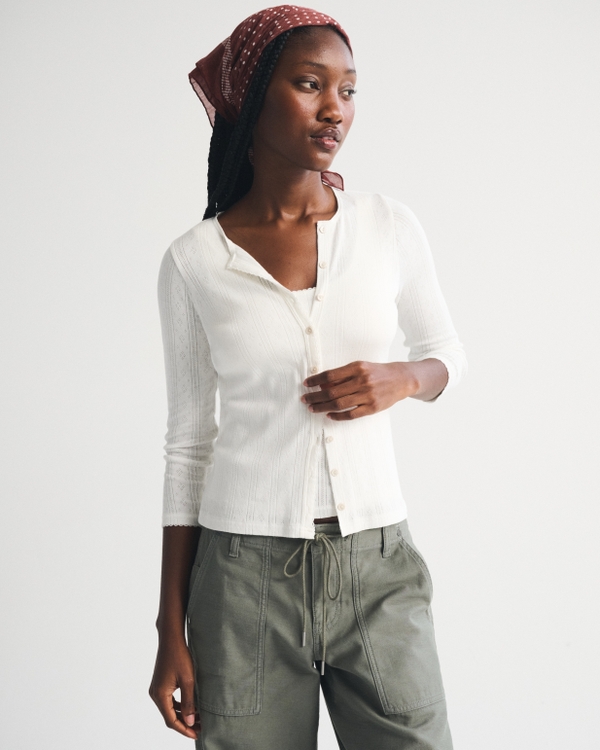 Bra-Free 3/4 Sleeve Pointelle Cardigan Tank Set, White view 2