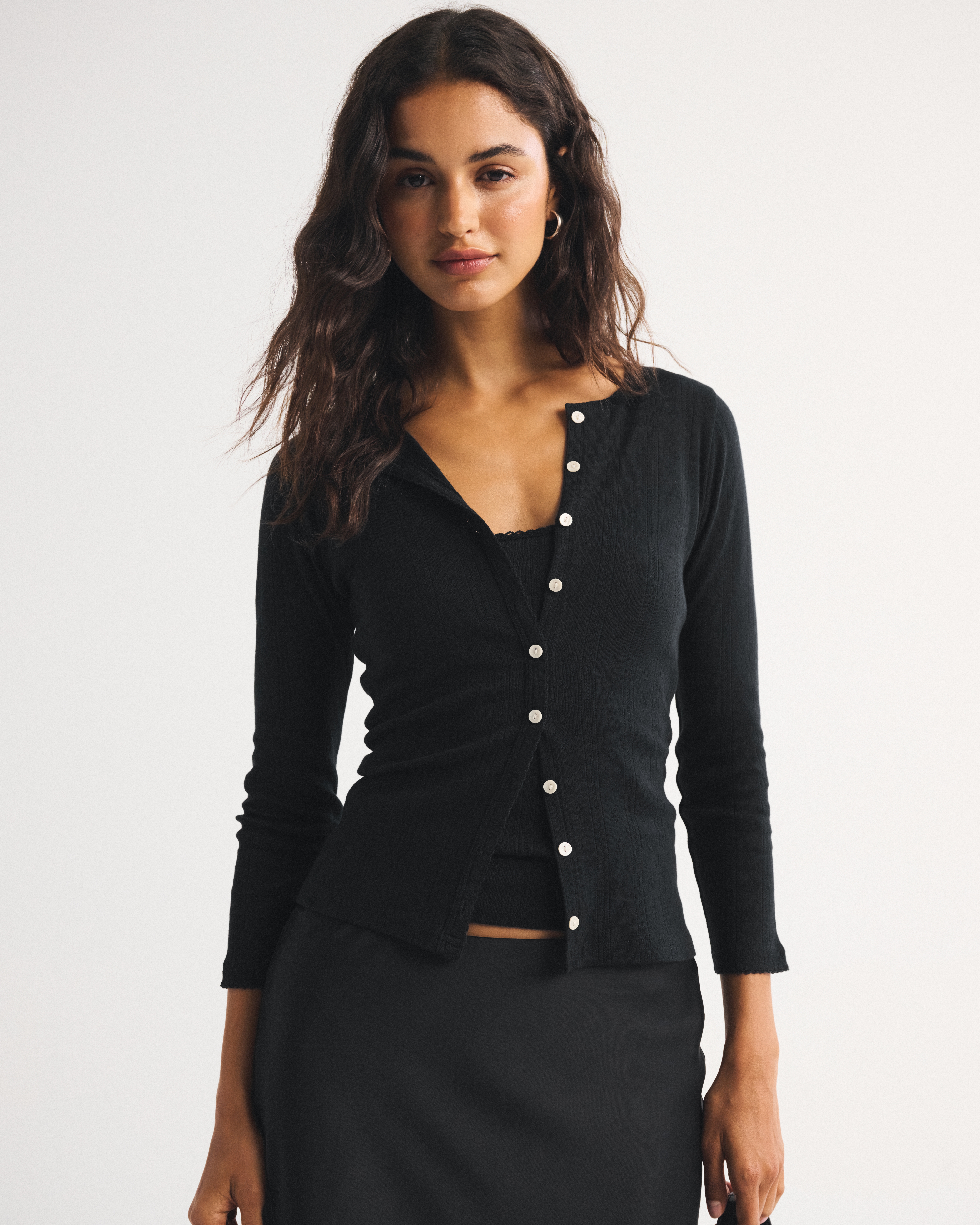 Bra-Free 3/4 Sleeve Pointelle Cardigan Tank Set