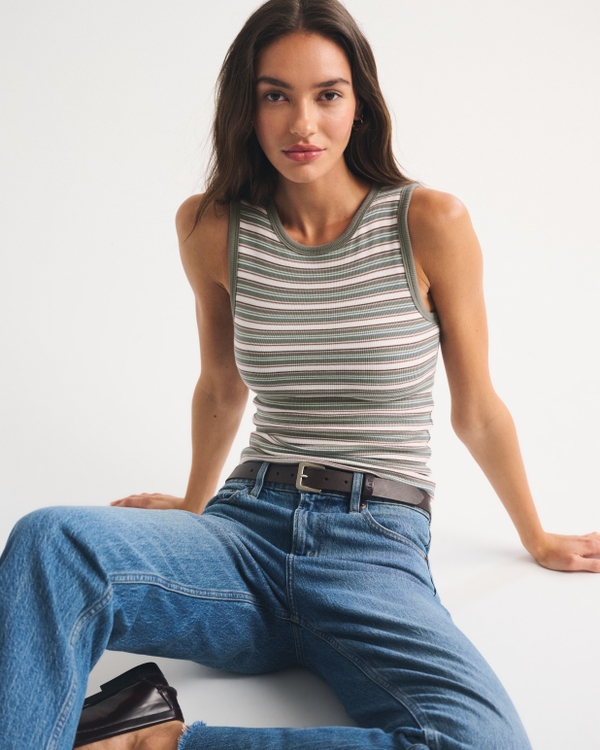 Bra-Free Rib High-Neck Tank, Green Stripe view 1