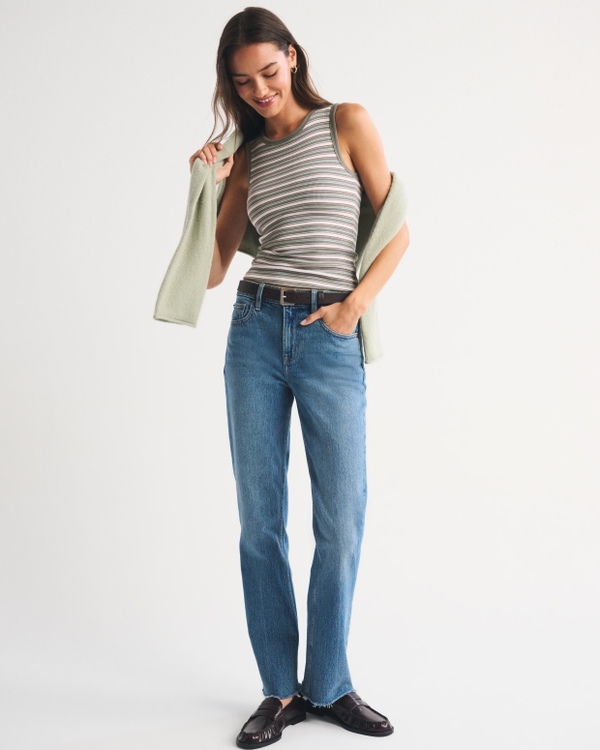 Bra-Free Rib High-Neck Tank, Green Stripe view 2