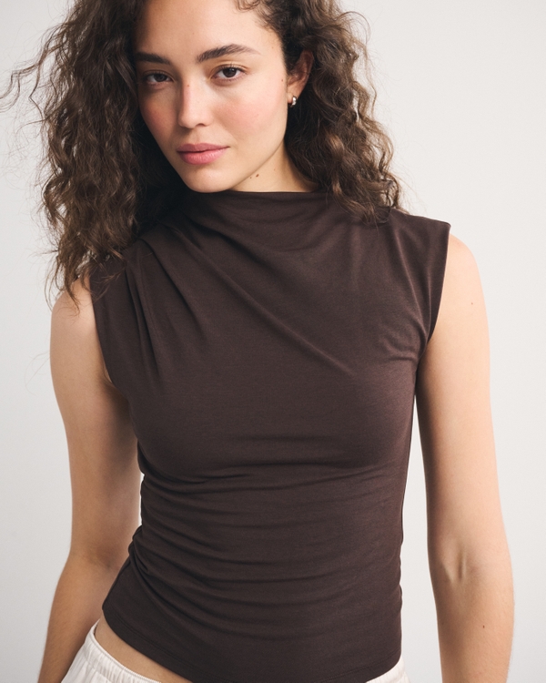 Pleated Mock Neck Top, Dark Coffee view 1
