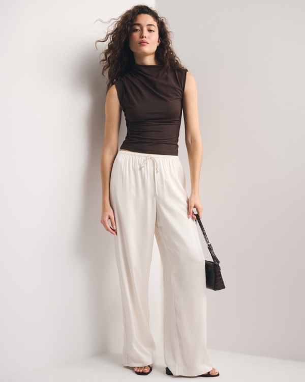 Pleated Mock Neck Top, Dark Coffee view 2