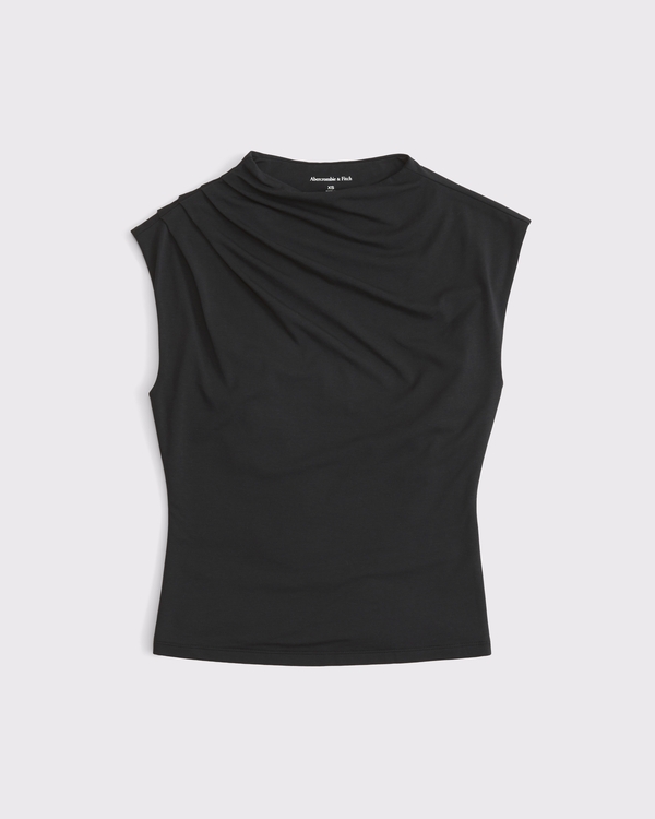 Pleated Mock Neck Top, Black view 1