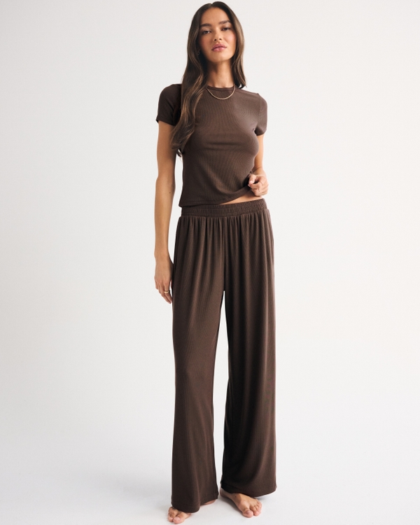 Short-Sleeve Ribbed Lounge Tee, Brown view 2