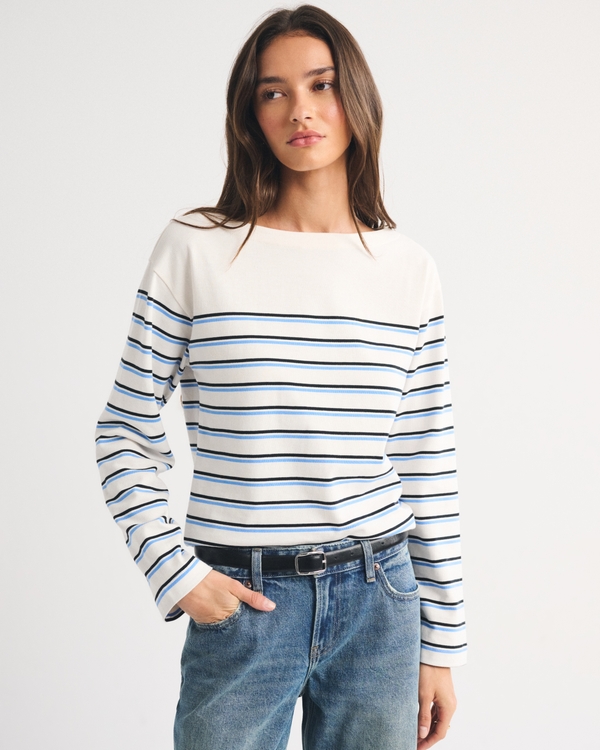 Long-Sleeve Mariner Boat Neck Tee, Blue Stripe view 2