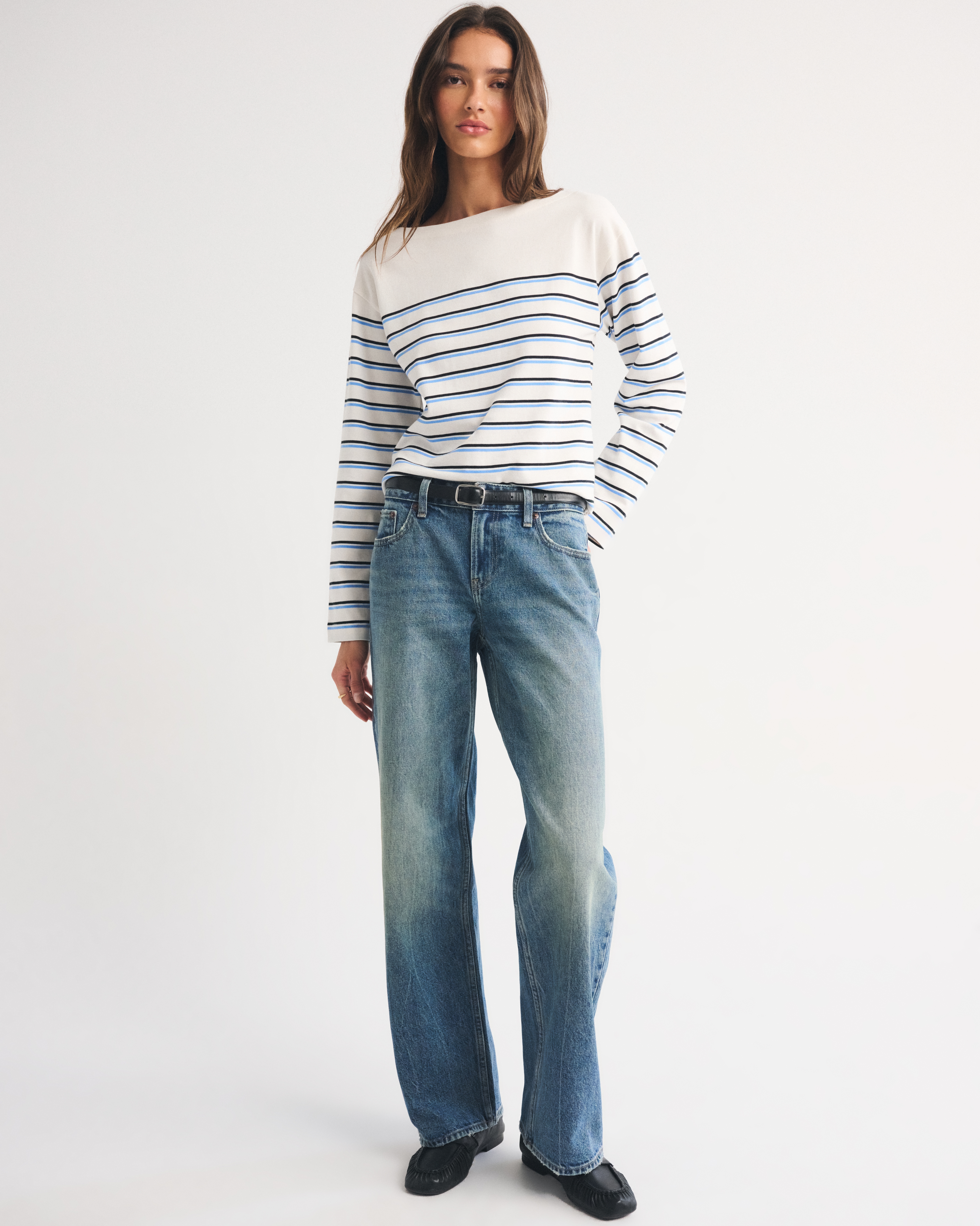 Женская футболка Abercrombie & Fitch Long-Sleeve Boat Neck, цвет: Синий полосатый — фото 3