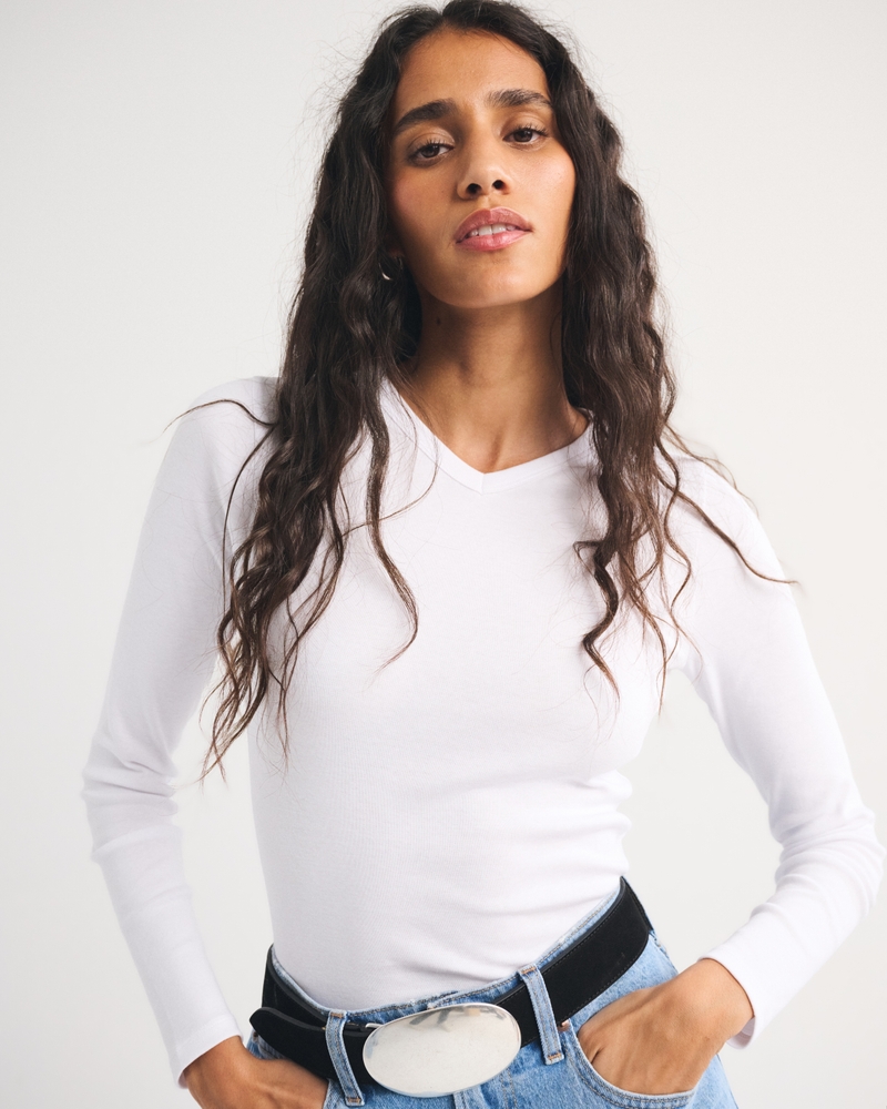 Long-Sleeve Jersey V-Neck Baby Tee - thumbnail 2